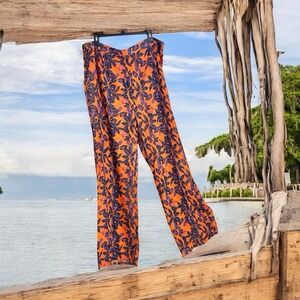 PrettyLittleThing Pants Size 16 US Orange Multi Leaves Print Sheer Beach‎ Flares